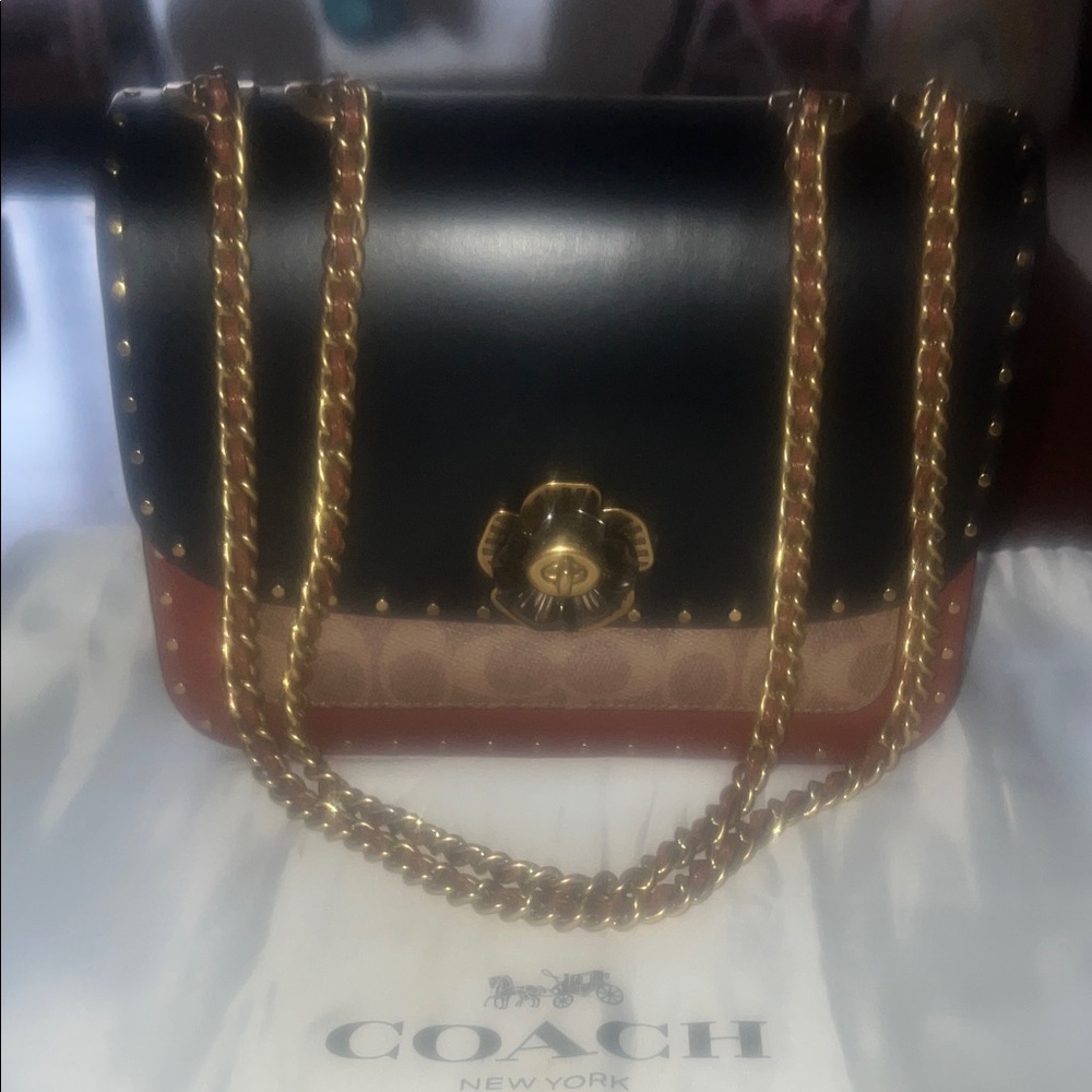 Coach Black and Tan Shoulder Bag with Gold Chain